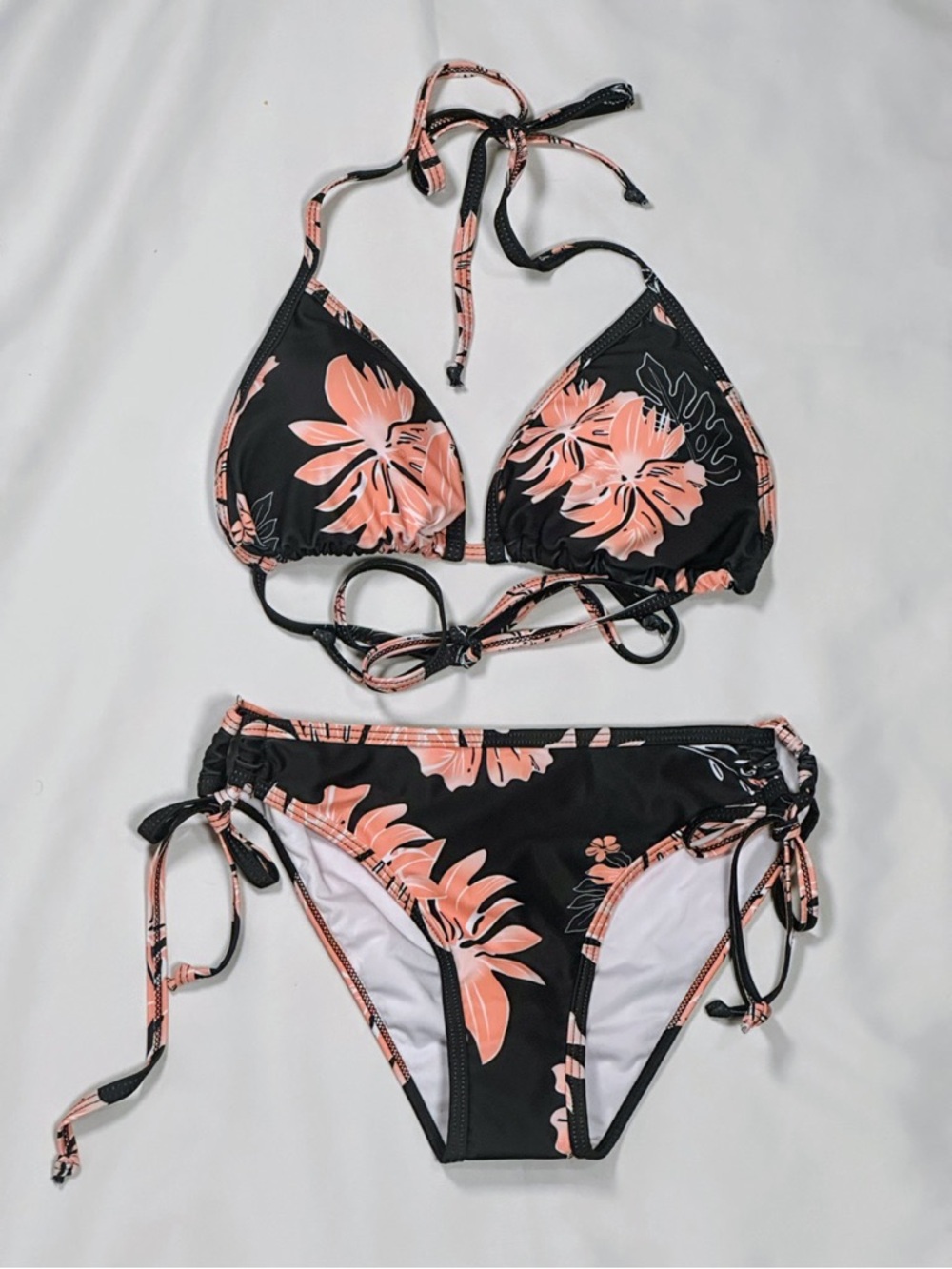 Black & Coral Floral Tie-Side Bikini Set Medium Top Small Bottom New W/O Tags